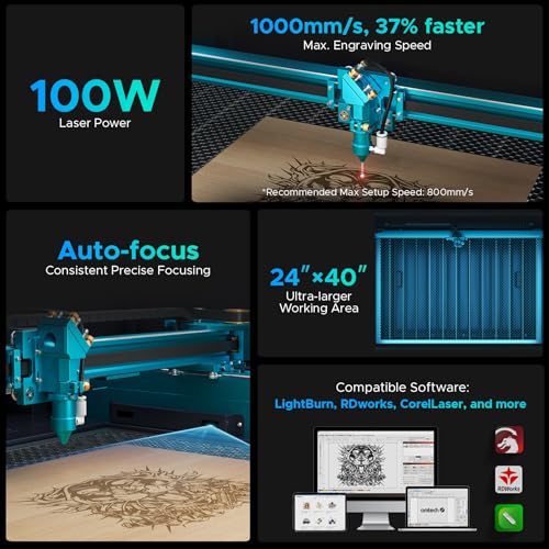 OMTech Pronto 100W CO2 Laser Engraver & Cutter with Water Chiller – 40"x24" Workspace, 1,000mm/s Speed, Autofocus, 2-Way Pass, Air Assist, for Wood, Acrylic & More OMTech
