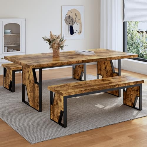 HIPIHOM 70.8" Wooden Dining Table with 2 Benches, Modern Kitchen Table and Chairs Set for 4-6 Person, Thickened MDF Wooden Table with Dining Bench for Living Dining Room, Kitchen, Office HIPIHOM