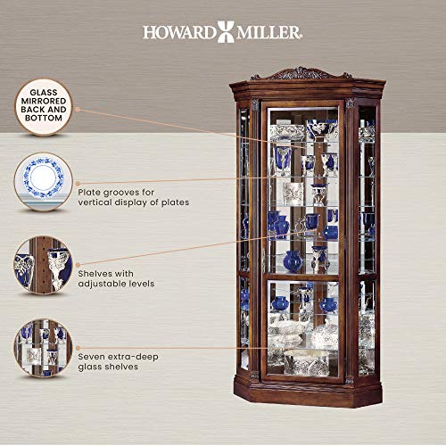 Howard Miller Embassy II Corner Curio Cabinet 680-290 – Embassy Cherry Finish, Distressed Home Decor, Seven Glass Shelves, Eight Level Display Case, Locking Front Door & Halogen Light