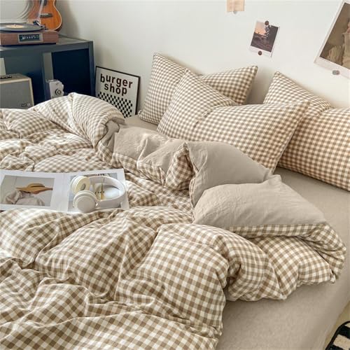 Nayoroom Gingham Duvet Cover Twin Size Brown Tan Plaid Checkered Comforter Cover Grid Farmhouse Bedding Set 2 Pcs Soft Breathable Washed Microfiber Gifts for Women Men Nayoroom