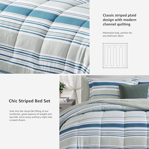 Monbix Queen Comforter Set - 7 Pieces Bed in a Bag Queen, Blue-Stripe Bedding Sets, All Seasons Comforter Bed Set with Sheets, Pillowcases & Shams Monbix