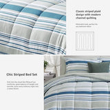 Monbix Queen Comforter Set - 7 Pieces Bed in a Bag Queen, Blue-Stripe Bedding Sets, All Seasons Comforter Bed Set with Sheets, Pillowcases & Shams Monbix