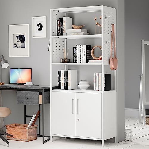 Yizosh Modern 5-Tier White Bookcase with Lockable Cabinets and Pegboard - WoodArtSupply