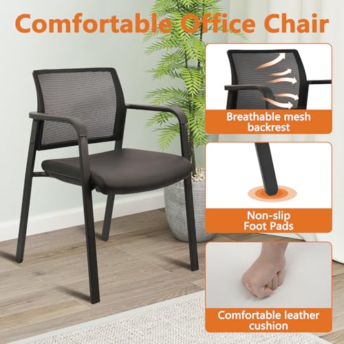 CLATINA Stackable Office Chair, Mesh Back Guest Chairs with Comfortable Leather Seat Arms Stacking Ergonomic Desk Chair No Wheels for Conference Waiting Reception School Stationary, Black, Set of 4 CLATINA