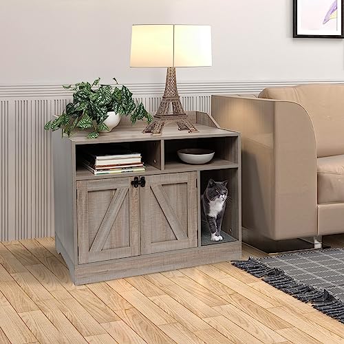 Front Row Cat Litter Box Furniture Enclosure | Wooden Hideaway Litterbox | Magnetic Closure with Metal Latch | Includes Cat Litter Trapping Non-Slip Mat with Scatter Control | Greige - WoodArtSupply