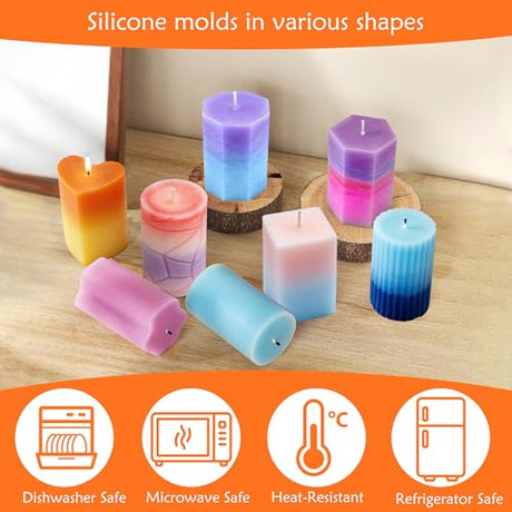 8PCS Reusable Silicone Candle Molds Set - Cylinder/Hexagon/Octagonal/Heart/Flower/Square Shapes for DIY Candle Making, Soap, Resin Crafts, Easy Release Candle Making Kit (8, Cylinder & Hexagon) QCCTPUU