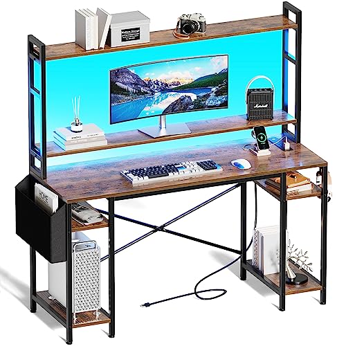 Huuger 55 inch Computer Desk with Adjustable Shelves, Gaming Desk with LED Lights & Power Outlets, Home Office Desk with Monitor Stand, Hooks & CPU Stand, Rustic Brown