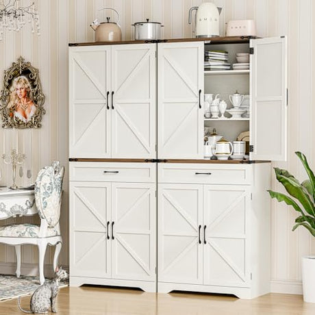 72" Tall Farmhouse Kitchen Pantry, Farmhouse Storage Cabinet with Adjustable Shelves, Large Capacity Storage Cabinet with Drawer,Freestanding Cupboard for Kitchen, Dining Room, Living Room, White Befrases
