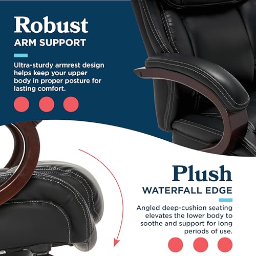 La-Z-Boy® Bellamy Executive Office Chair with Memory Foam Cushions, Real Wood Arms and Swivel Base, Waterfall Seat Edge, Faux Bonded Leather, Black La-Z-Boy