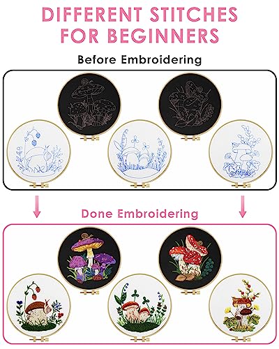 TINDTOP Embroidery Kit for Adult for Beginners, 5 Sets Mushroom Embroidery Kit for Beginners Include Embroidery Cloth Hoops Threads for Craft Lover Hand Stitch with Embroidery Skill Techniques TINDTOP