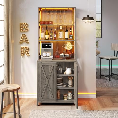 YITAHOME Bar Cabinets for Liquor, 67" Tall Wine Bar Cabinet with LED Lights, Glass Holder ＆ Adjustable Shelves, Rustic Kitchen Cabinet Coffee Bar for Kitchen, Dining Room, Rustic Grey Wash - WoodArtSupply