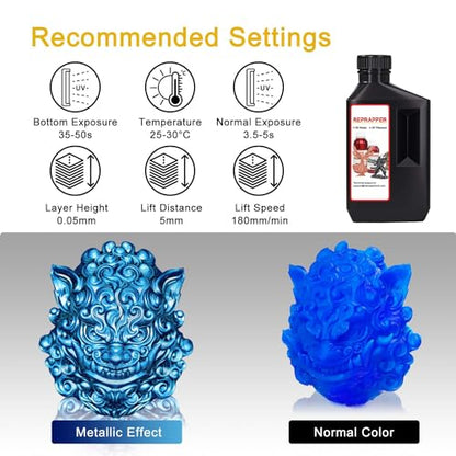 RepRapper Blue MetalShift 3D Printer Resin 405nm Fast UV-Curing Standard Photopolymer 3D Printing Resin with Metallic Shine for LCD Printer, Azure Alloy 1000g