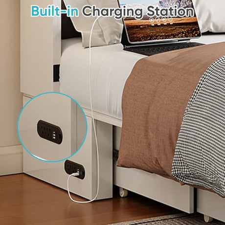 CECER Full Size Murphy Bed with Tri-Folding Mattress，Murphy Bed Full with Large Storage Drawer and Charging Station for Small Spaces/Bedroom（White） CECER