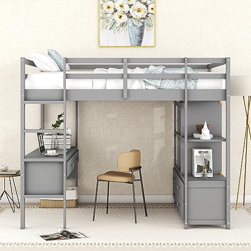 Harper & Bright Designs Full Size Grey Loft Bed with Desk, Storage Drawers, and Shelves Harper & Bright Designs
