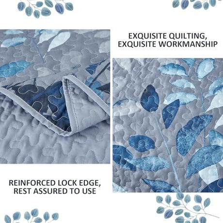 WONGS BEDDING Blue Quilt Set King Size,3 Pieces Navy Blue Floral Bedspread Coverlet Set with 2 Pillowcases,Soft Microfiber Lightweight Grayish Blue Gradient Floral Bedding Set 104"×90" WONGS BEDDING