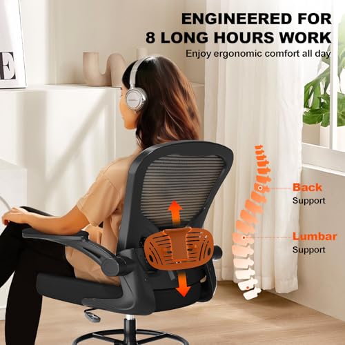 Ergonomic Drafting Chair, Tall Office Chair with Flip-up Armrests, Breathable Mesh High Desk Chair with Lumbar Support Adjustable Footrest Ring for Standing Desk Black Synorla