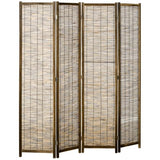 HOMCOM 4 Panel Room Divider, 5.5 Ft Portable Folding Privacy Screens, Reed Hand-Woven Freestanding Partition Wall Dividers for Home Office, Carbonized HOMCOM