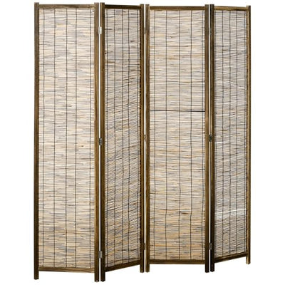 HOMCOM 4 Panel Room Divider, 5.5 Ft Portable Folding Privacy Screens, Reed Hand-Woven Freestanding Partition Wall Dividers for Home Office, Carbonized