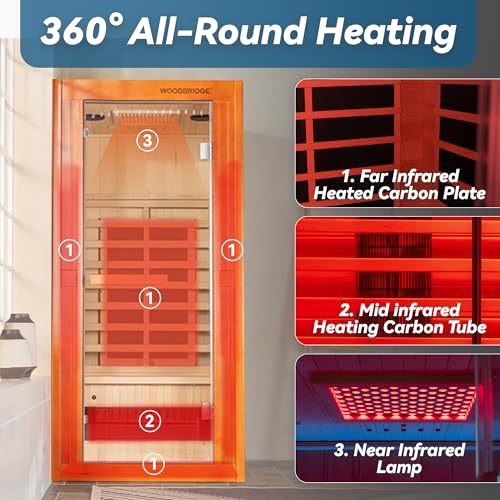 Woodbridge Infrared Home Sauna Room 1 Person Japanese Cedar Indoor Sauna with 7 Carbon Heaters, Red Light Therapy, Bluetooth Speaker, Intelligent Control Panel, Tempered Glass & Top Vent WOODBRIDGE