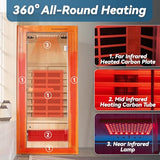 Woodbridge Infrared Home Sauna Room 1 Person Japanese Cedar Indoor Sauna with 7 Carbon Heaters, Red Light Therapy, Bluetooth Speaker, Intelligent Control Panel, Tempered Glass & Top Vent WOODBRIDGE