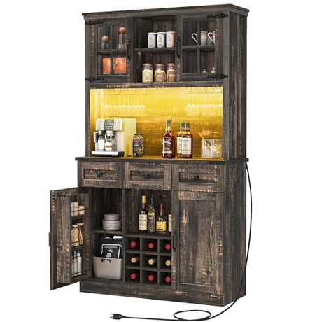 DWVO Coffee Bar Cabinet with Power Outlet/Lights, 72" Farmhouse Pantry Cabinet with Storage Shelves and 3 Drawers, Tall Liquor Cabinet Bar Cabinets for Home/Living Room, Dark Rustic Oak DWVO