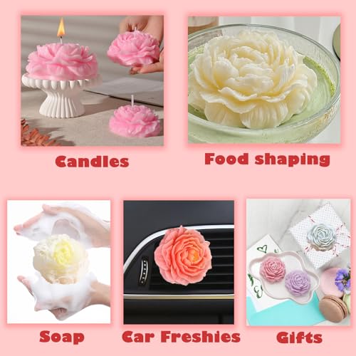 3 Pack Peony Silicone Candle Mold Flower Mold Resin Casting Molds with Large-Eye Wicking Needle,Candlewick for DIY Scented Candle, Soy Wax, Cake, Soap,Craft Making