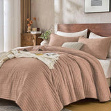 DOWN HOME King Quilt Bedding Set with Shams, Vintage Washed Soft Quilted Blanket Thin Comforter Lightweight Bedspread Coverlet Bed Cover, Brushed Microfiber Stripe Stitching, Desert Blush, 104"x90" DOWN HOME