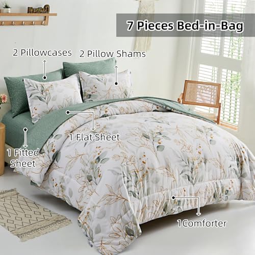 WONGS BEDDING Botanical Comforter Set Full, 7 Pieces Floral Reversible Bed in a Bag Green Leaves Bedding Set Soft Microfiber Full (1 Comforter,2 Pillowcase,2 Pillow Shams,1 Flat Sheet,1 Fitted Sheet) WONGS BEDDING
