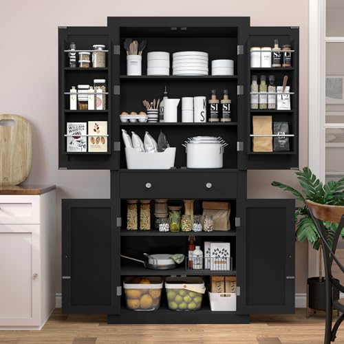 FIONESO 72” Pantry Cabinet, Tall Storage Cabinet with 6 Hanging Shelves & 1 Large Drawer, Kitchen Pantry Cabinet with Adjustable Shelf, for Dinging Room, Living Room, Black FIONESO