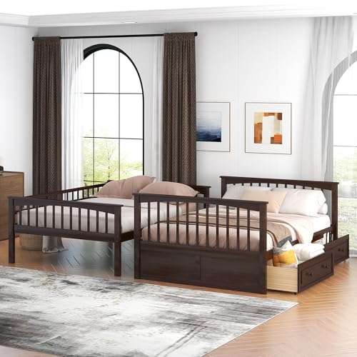 Ball & Cast Full Over Full Bunk Bed with 2 Storage Drawers and Ladder,Wood Bunk Bed Frame w/Guardrails,Space-Saving,Slat Support,No Box Spring Needed,Convertible Beds for Apartment,Bedroom,Espresso Ball & Cast