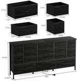 Fixwal 63.3 Inch Large Black Dresser for Bedroom, 16 Drawer Dresser, Long TV Stand for 55, 65, 70 Inch TV with Power Outlets, Fabric Chest of Drawers for Bedroom, Living Room, Entryway, Black Fixwal