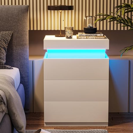 ADORNEVE Nightstand with Charging Station and LED Lights,Night Stand with Sliding Top for Bedroom,Bedside Table with Drawers,Modern End Side Table,White ADORNEVE