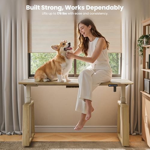 EUREKA ERGONOMIC Standing Desk, 63" Executive Height Adjustable Computer Desk with Single Motor, Touch Screen Control, Modern Trapezoidal Legs, PVC Oak Finish EUREKA ERGONOMIC