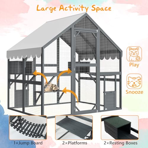 YOPTO 28ft² Large Outdoor Cat House, Luxury Wooden Walk-in Catio Enclosure with 2 Doors & 2 Hiding Houses, Escape-Proof Locks + Waterproof Roof - Customizable Multi-Cat Playpen (Gray) YOPTO