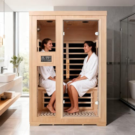 Homsido 2-Person Low EMF Far Infrared Sauna for Home,Canadian Hemlock Wood with Far Infrared Heat Therapy,Bluetooth Speakers,Chromotherapy Lights,1850W Heater,Tempered Glass Door&LCD Control Panel Homsido