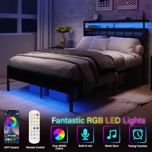 Full Size Bed Frame with Charging Station and LED Lights, Black Upholstered Headboard with 2-Tier Storage Shelves, Metal Bed Frame with Headboard, No Box Spring Needed, Easy Assembly,Black CollaredEagle