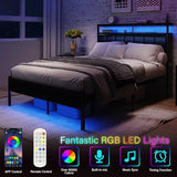Full Size Bed Frame with Charging Station and LED Lights, Black Upholstered Headboard with 2-Tier Storage Shelves, Metal Bed Frame with Headboard, No Box Spring Needed, Easy Assembly,Black CollaredEagle