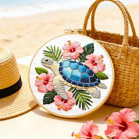 BEUNITONE 4 Pack Beginner Embroidery Kit for Adults, Mysterious Marine Animals Flowers Pre-Stamped Pattern Needlepoint Kits with Hoop & Instruction, Hand Embroidery Kits for Fabric and Home Decor BEUNITONE