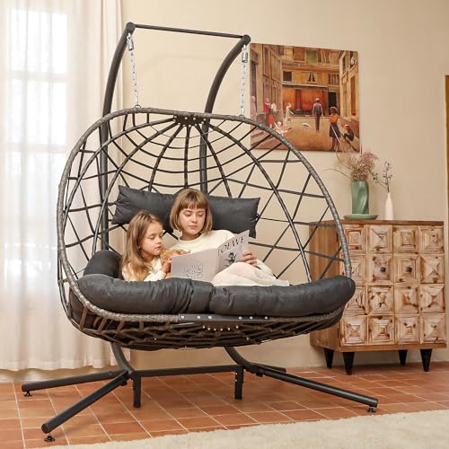 SWITTE Double Egg Swing Chair with Stand, 2 Person Outdoor Indoor Hammock Hanging Chair with Cushion for Patio Living Room 550 LBS Capacity-Dark Grey - WoodArtSupply