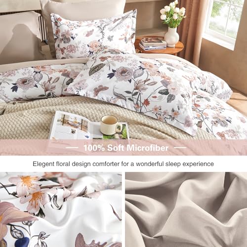 7 Piece Queen Comforter Set, Dusty Pink Butterfly Floral Comforter Set with Flowers Leaves Pattern, Soft Microfiber Complete Bedding Set for All Season(Dusty Pink, Queen) LLDSYW