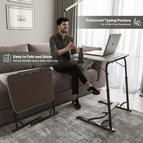 FoldWise Foldable Laptop Table - Wooden Height Adjustable Couch Table & Portable Laptop Desk with Footrest, Edge Stopper, Cupholder, Tablet Holder & Tilting Desktop FoldWise