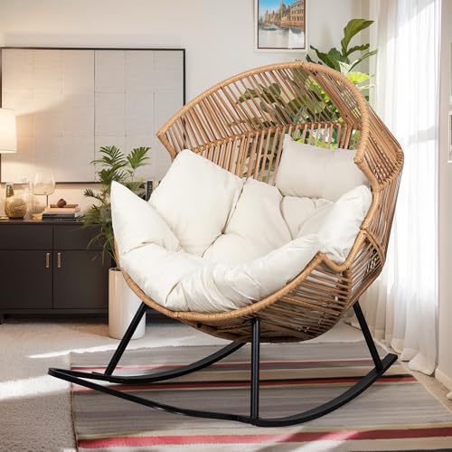 Vongrasig Wicker Egg Chair PE Rattan Rocking Chair with Cushion, Oversized Patio Lounge Rocker Chair for Outdoor, Indoor, Balcony, Backyard, Garden, Beige Vongrasig