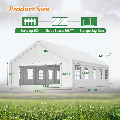 20' x 32' Party Tent with Removable Sidewalls & Alloy Steel Frame, Commercial Waterproof Outdoor Canopy Gazebo with 3 Storage Bags for Weddings, BBQ, Camping Rueekfil