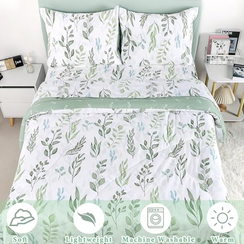 DILIMI Twin Comforter Set for Girls, Reversible 5 Pieces Comforter Twin Size Bed, Green Leaf Ultra Soft Twin Bedding Sets with Comforter, Flat Sheet, Fitted Sheet, 2 Pillowcase DILIMI