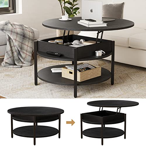 FABATO Round Lift Top Coffee Table for Living Room, 35.43'' Round Coffee Table with Storage and Hidden Compartment, 2 Tier Large Farmhouse Coffee Table Round Dining Table, Black - WoodArtSupply