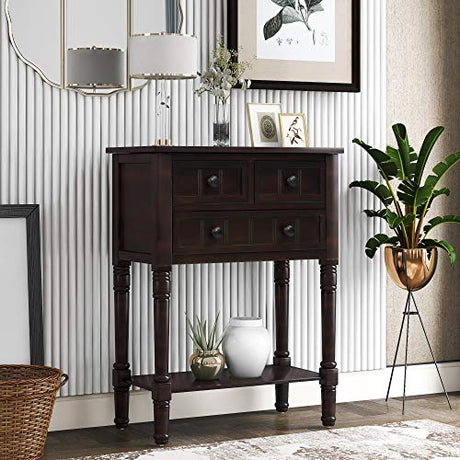 Knocbel Slim Antique Entry Console Table with Drawers & Bottom Open Shelf, Solid Wood Sofa Couch Table for Entryway Hallway Living Room (Espresso) Knocbel