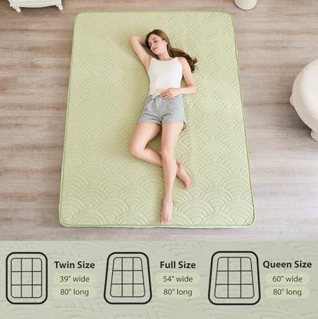Zelladorra Japanese Floor Mattress, Quilted Futon Mattress with Anti-Slip Bottom, Foldable Floor Bed with Storage Bag and Straps, (Green, Queen) Zelladorra