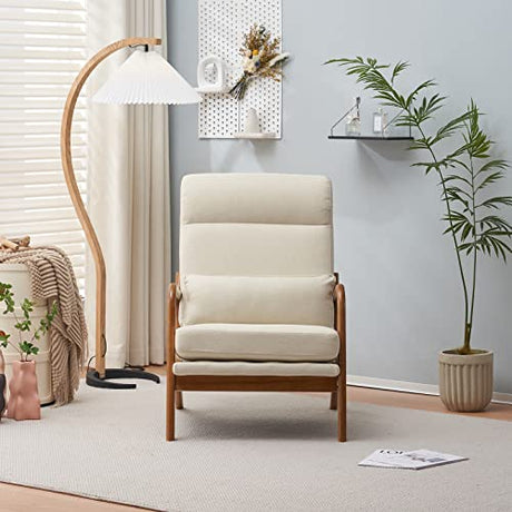 JOYBASE Lounge Accent Chair, Mid Century Modern Chair, High Back Chair, Wood Frame Armchair, Comfy Reading Chair for Living Room, Office, Bedroom (Off-White, Fabric), 34.6''D x 25.6''W x 36.6''H JOYBASE