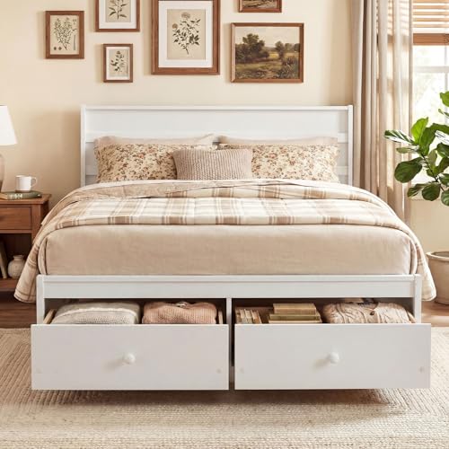 Giantex Full Size Bed Frame with Storage Drawers, Wood Platform Bed with Headboard, Solid Mattress Foundation w/Wooden Slat Support & Enclosed Base, No Box Spring Needed (White, Full) Giantex