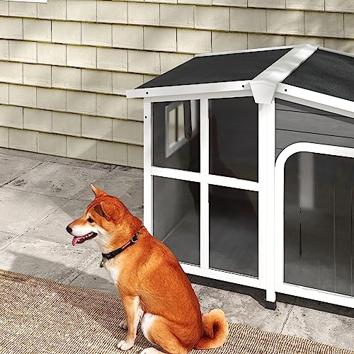 PawHut Cabin-Style Wooden Dog House for Large Dogs Outside with Openable Roof & Giant Window, Big Dog House Outdoor & Indoor, Asphalt Roof, Gray PawHut